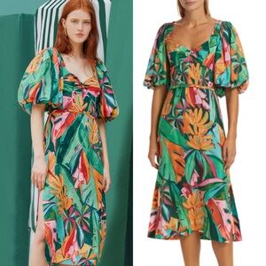 Farm Rio Midi vacation puff sleeve foliage dress RETAIL 450
